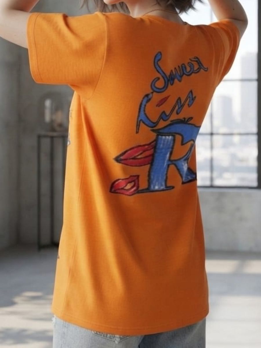 ModaFesta -Womens Oversized Graphic Print Orange T-Shirt